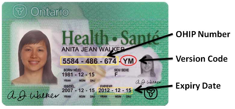 Example Ontario health card showing the OHIP number and version code